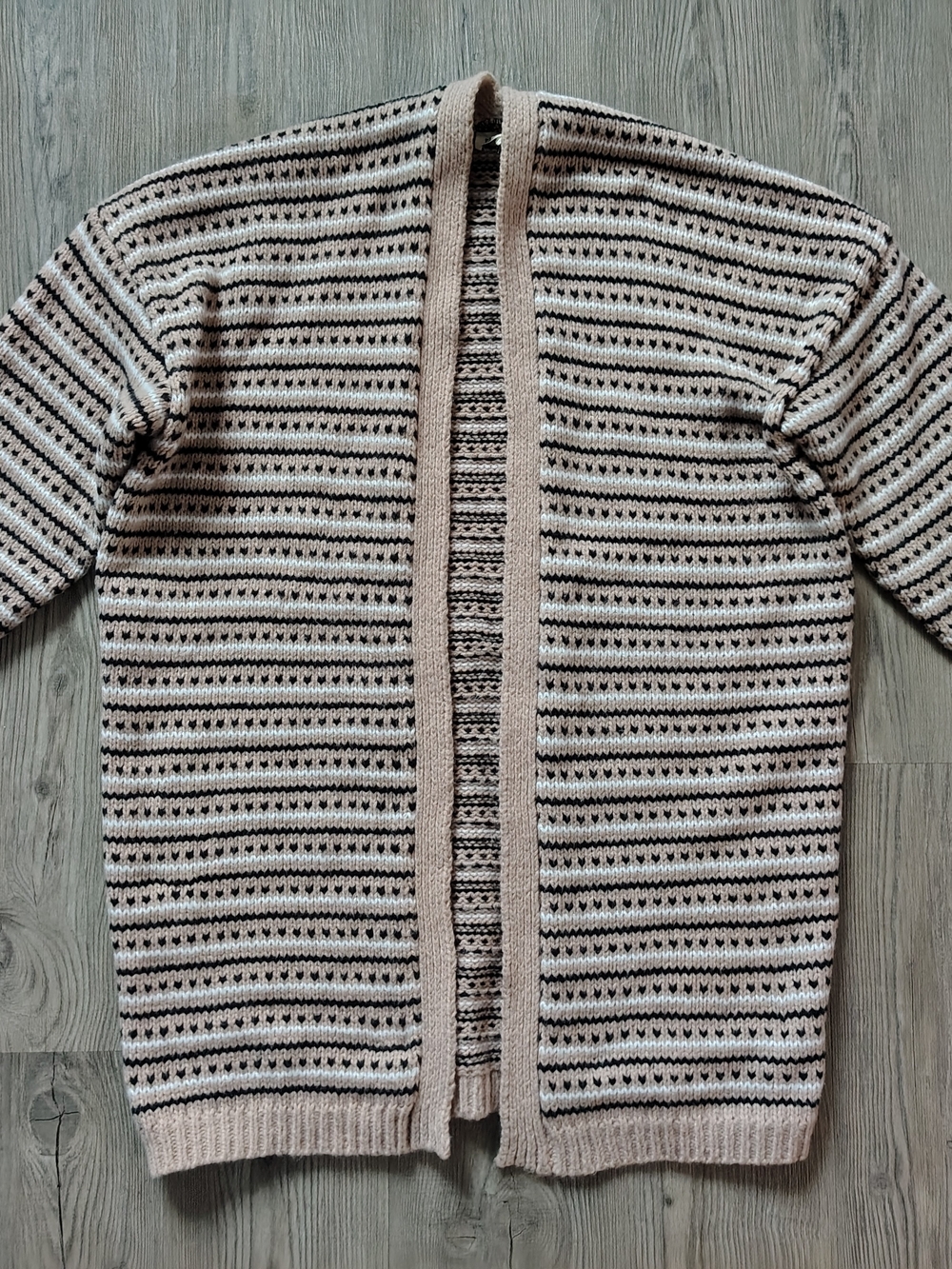 BiBi Women's Long Line Open Front Cardigan Sweater Size L Tan Black Chunky Knit